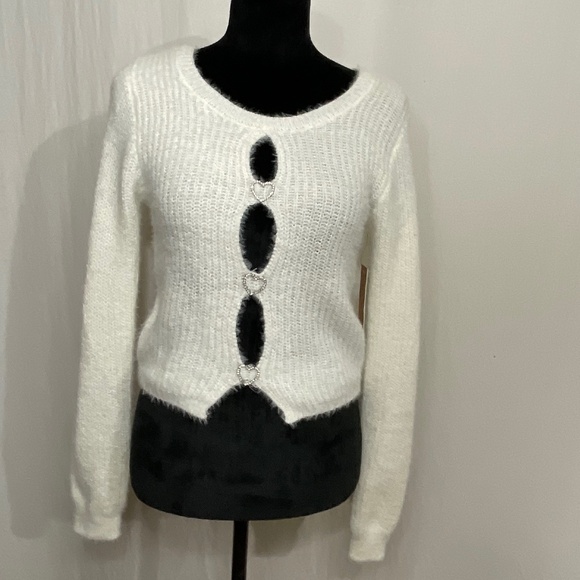White Sweater With Rhinestone Hearts - Picture 1 of 5